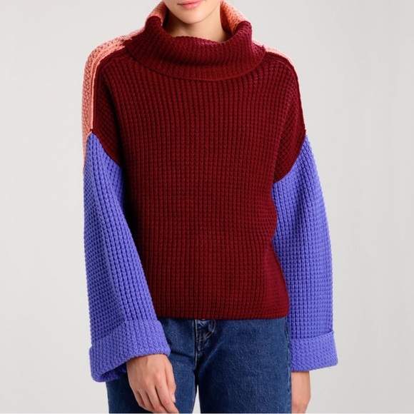 Free People Party City Oversize Chucky Knit Color Block Turtleneck knit sweater - Picture 1 of 3
